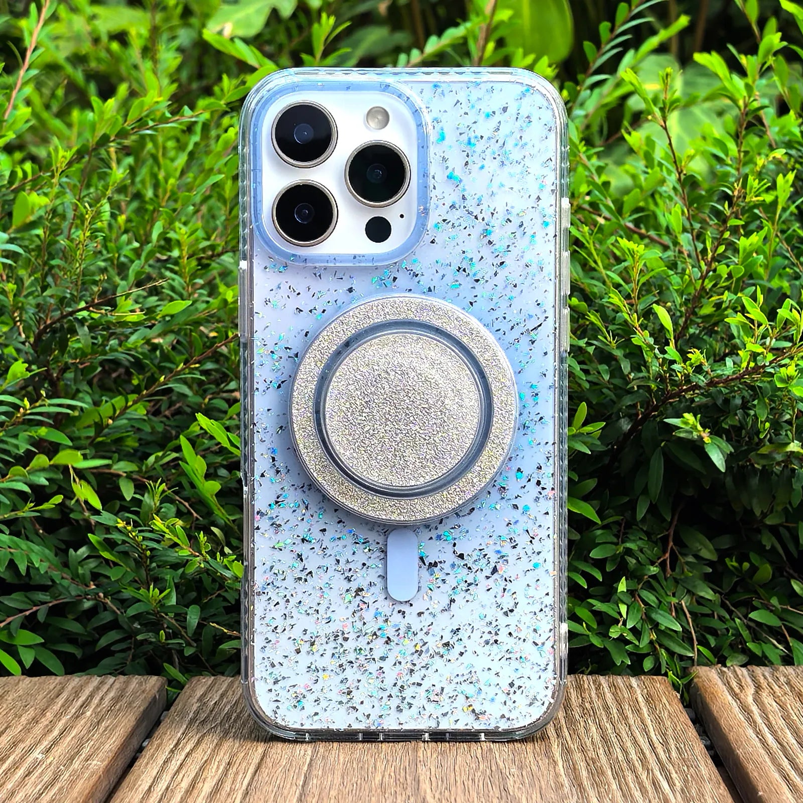 Gradient Glitter Blue Translucent Phone Case MagSafe Grip Set