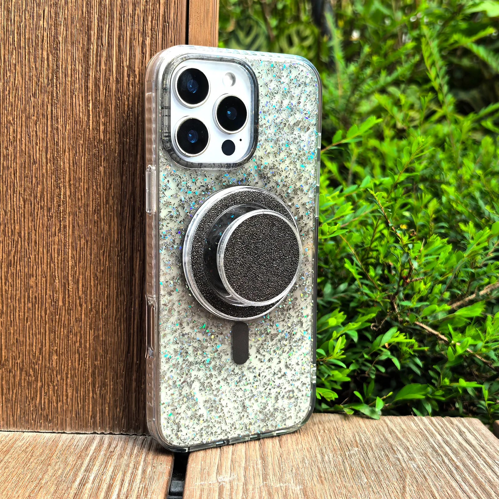 Gradient Glitter Grey Translucent Phone Case MagSafe Grip Set
