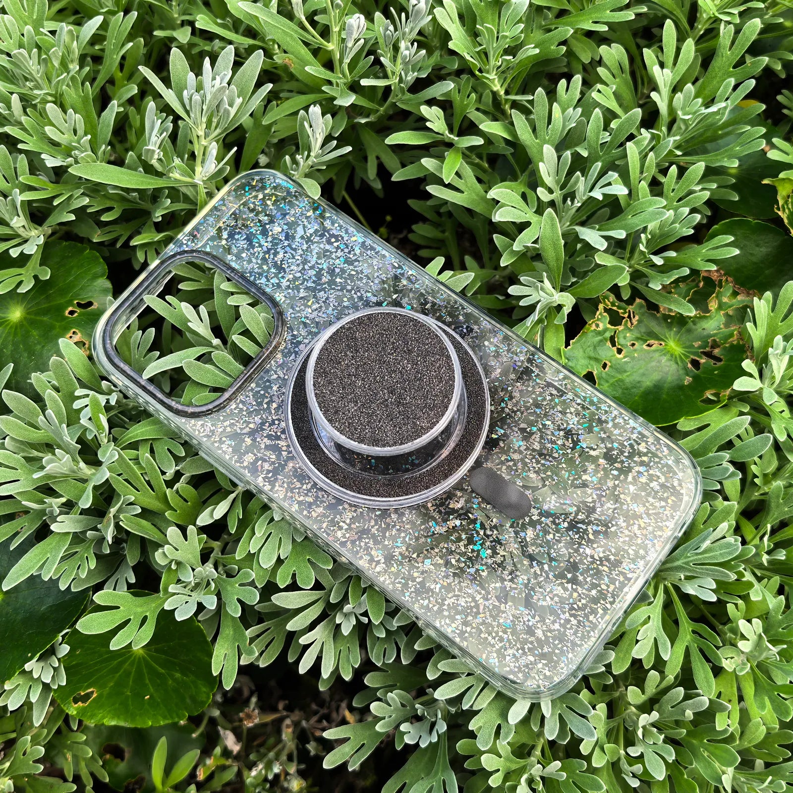 Gradient Glitter Grey Translucent Phone Case MagSafe Grip Set