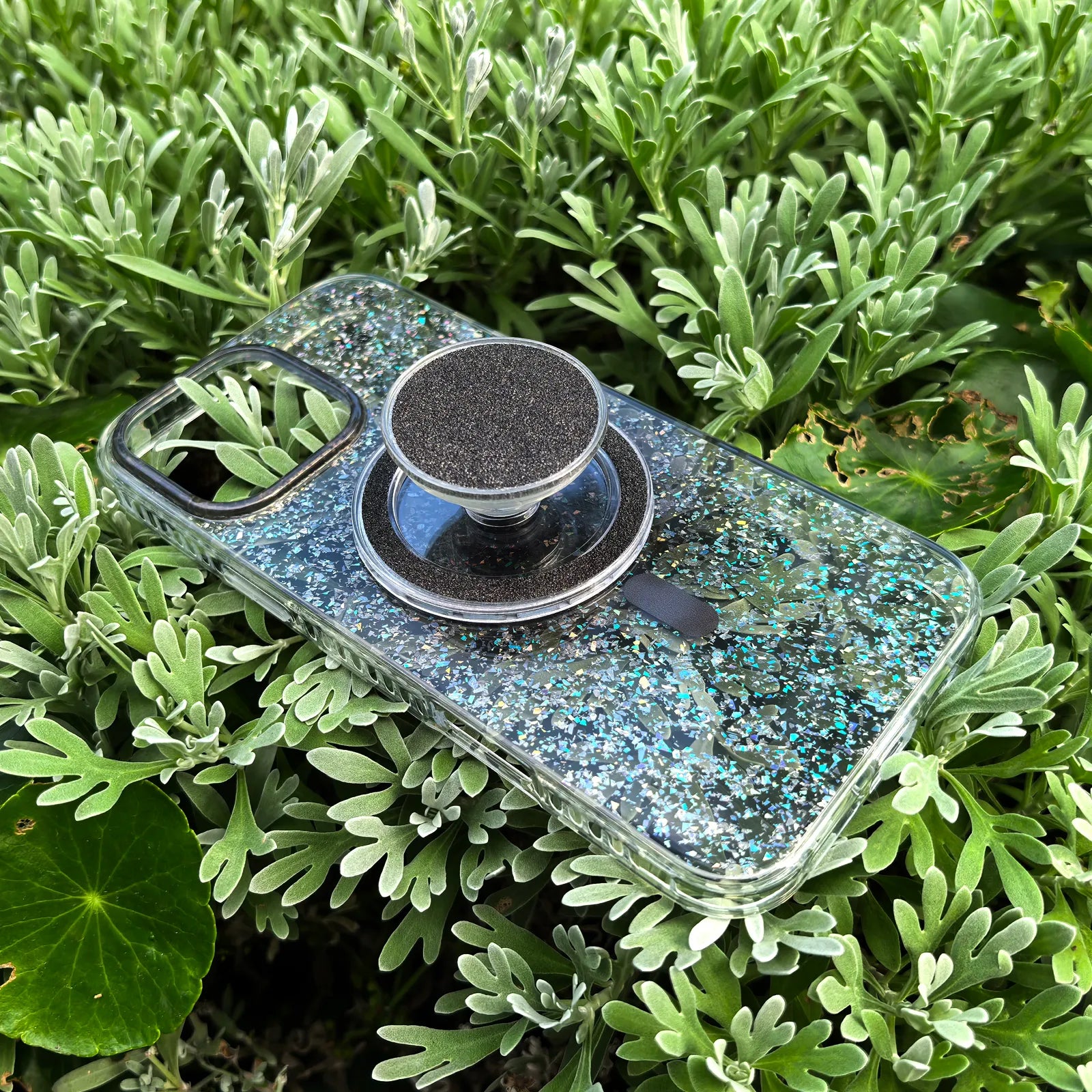 Gradient Glitter Grey Translucent Phone Case MagSafe Grip Set