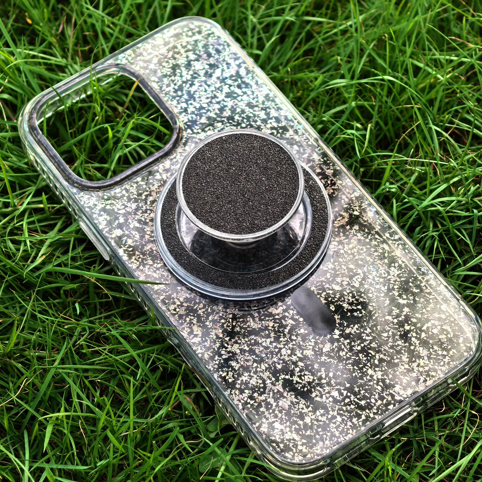 Gradient Glitter Grey Translucent Phone Case MagSafe Grip Set