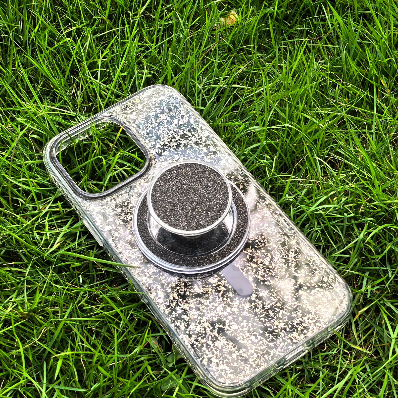 Gradient Glitter Grey Translucent Phone Case MagSafe Grip Set