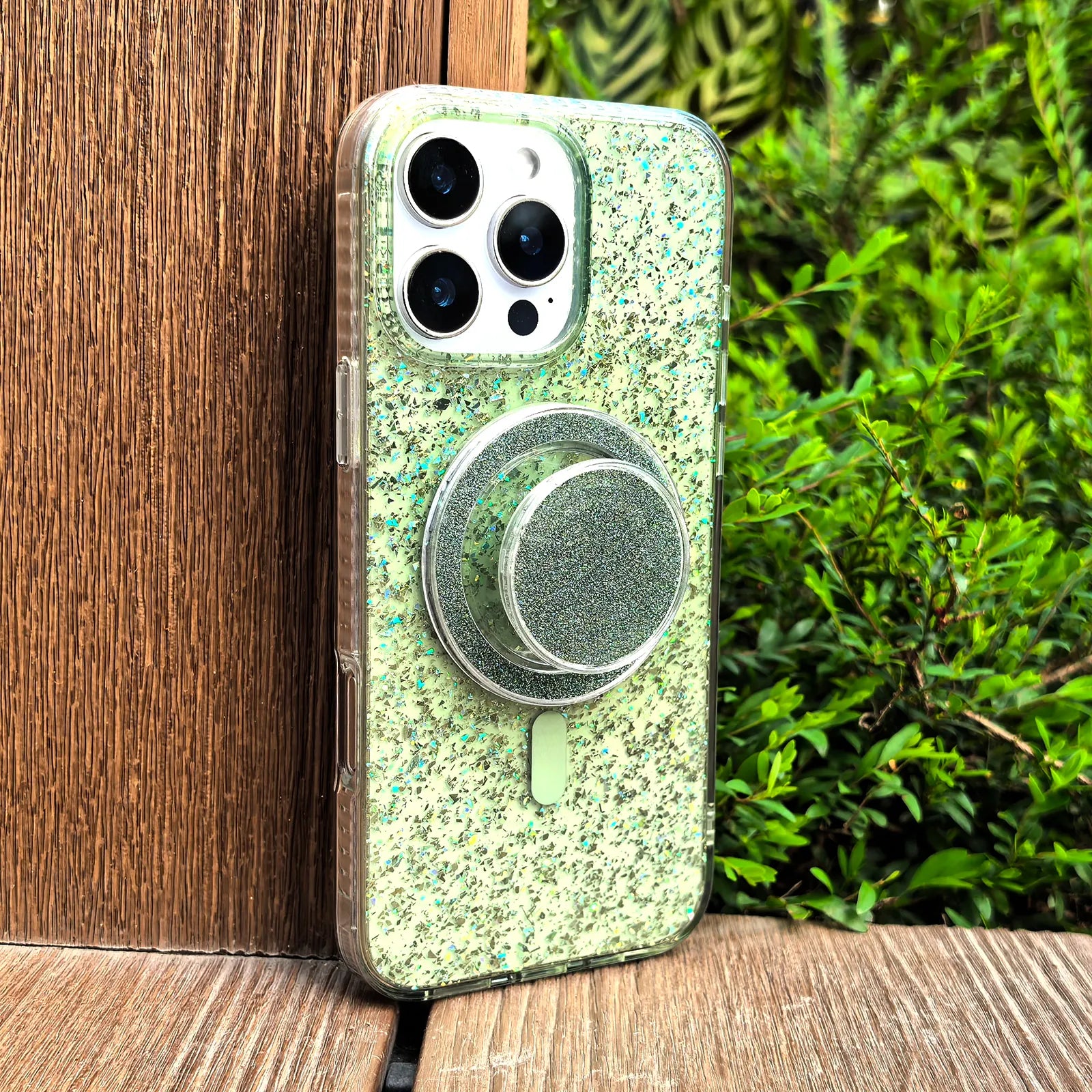 Gradient Glitter Green Translucent Phone Case MagSafe Grip Set