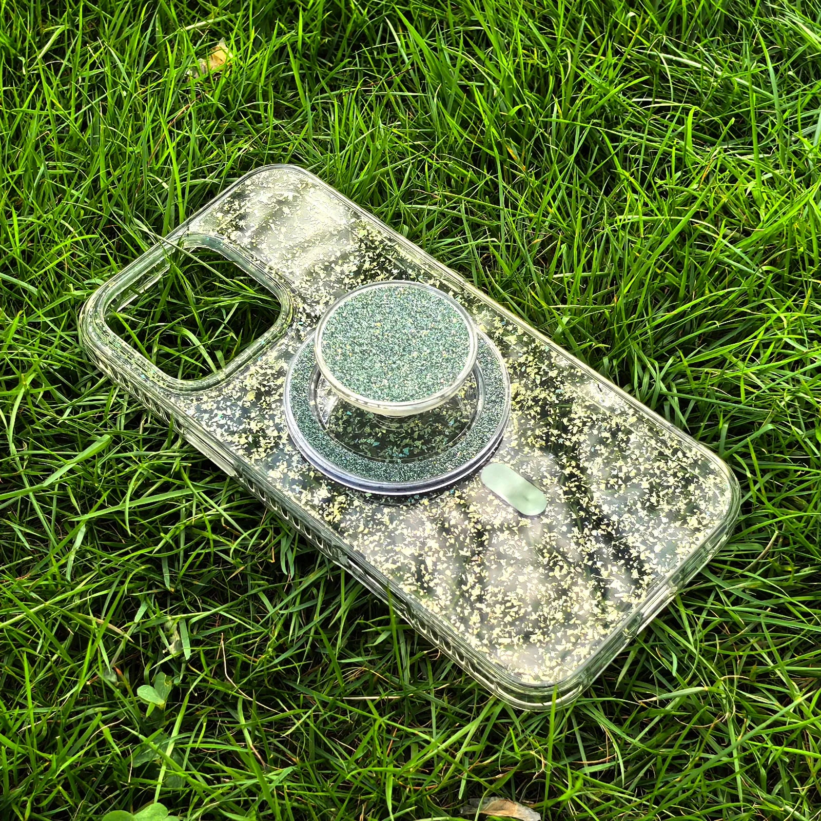 Gradient Glitter Green Translucent Phone Case MagSafe Grip Set