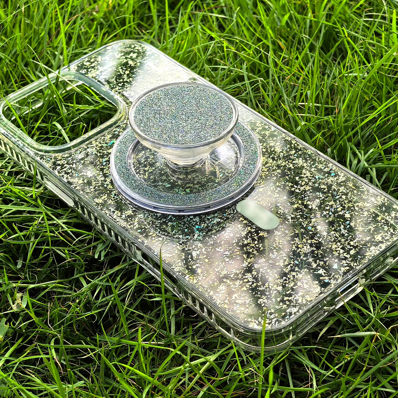 Gradient Glitter Green Translucent Phone Case MagSafe Grip Set