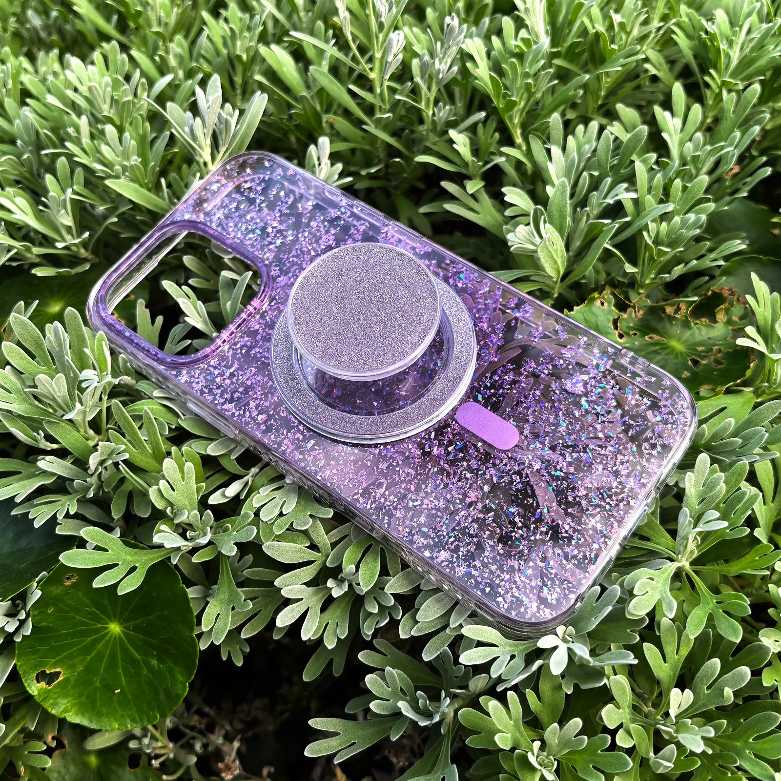 Gradient Glitter Purple Translucent Phone Case MagSafe Grip Set