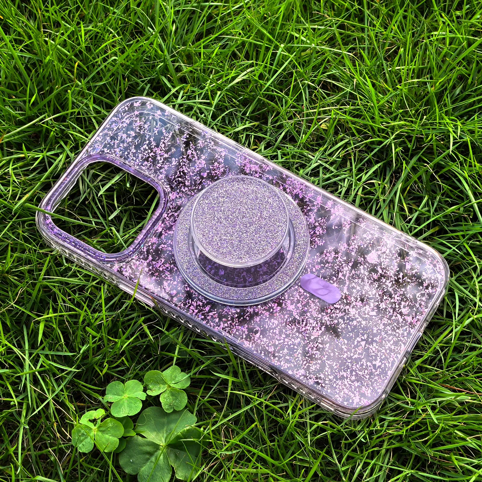 Gradient Glitter Purple Translucent Phone Case MagSafe Grip Set