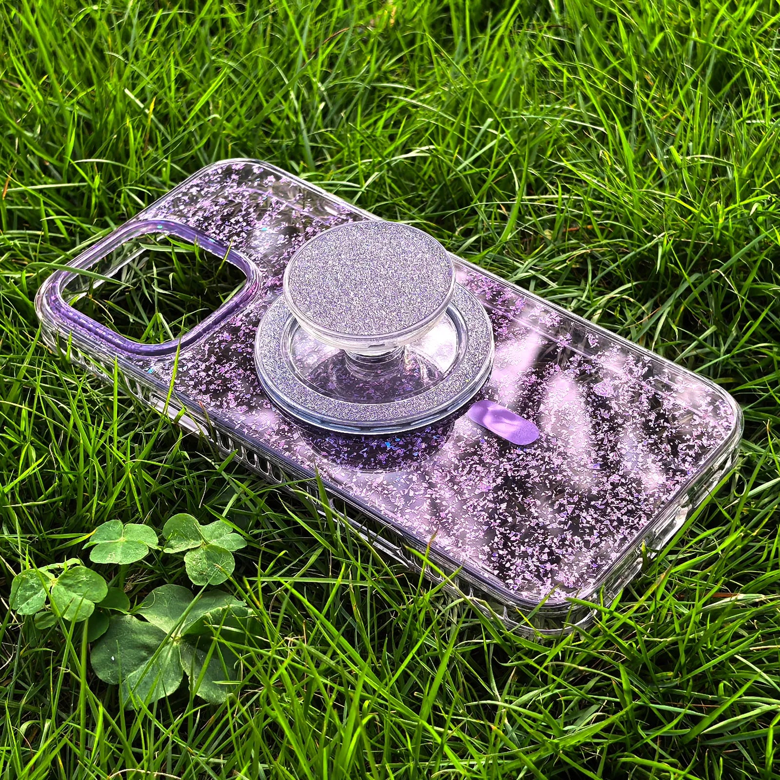 Gradient Glitter Purple Translucent Phone Case MagSafe Grip Set