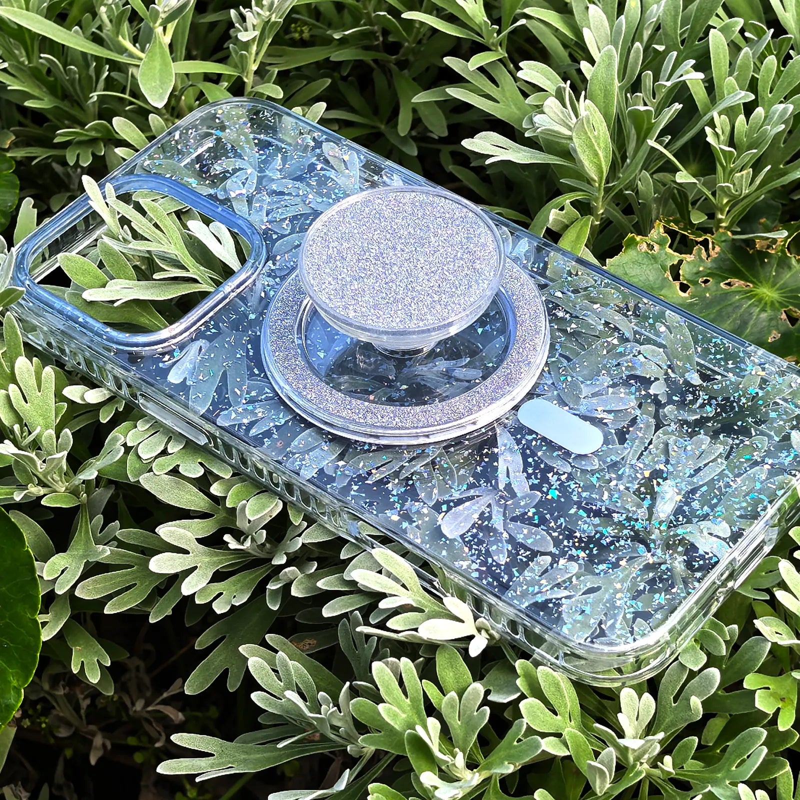 Gradient Glitter Blue Translucent Phone Case MagSafe Grip Set