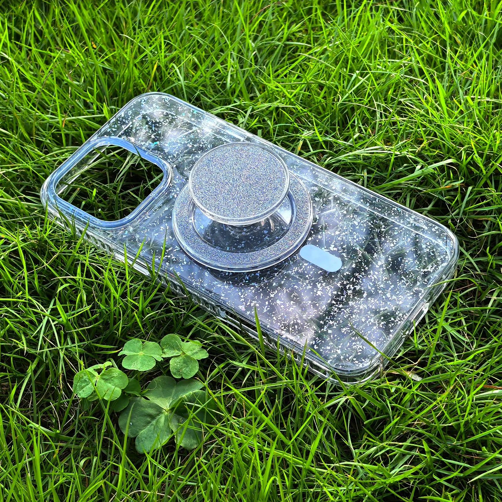 Gradient Glitter Blue Translucent Phone Case MagSafe Grip Set