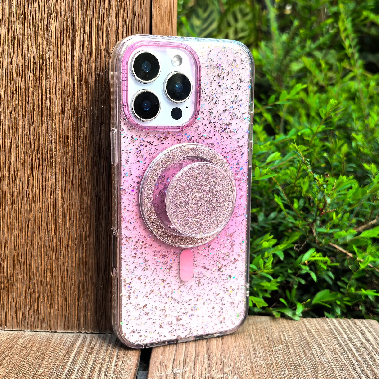 Gradient Glitter Pink Translucent Phone Case MagSafe Grip Set
