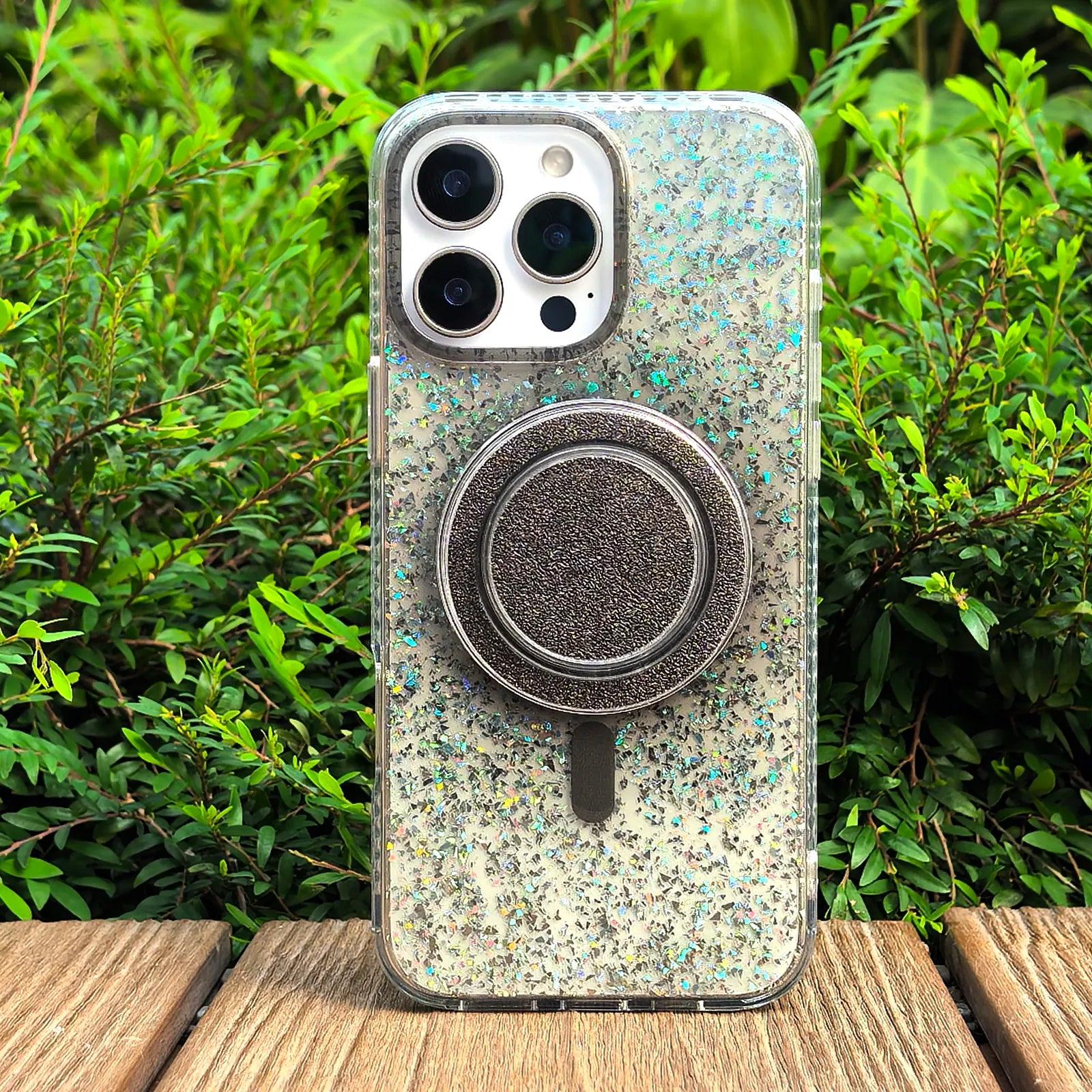 Gradient Glitter Grey Translucent Phone Case MagSafe Grip Set
