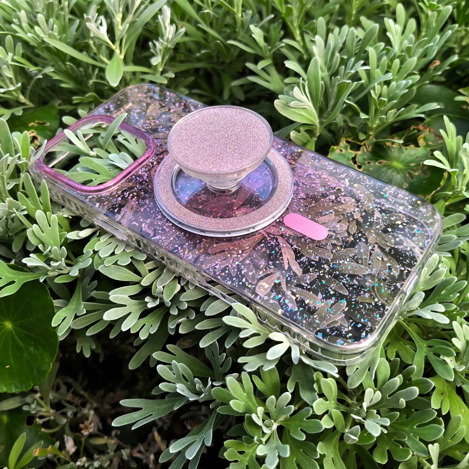 Gradient Glitter Pink Translucent Phone Case MagSafe Grip Set