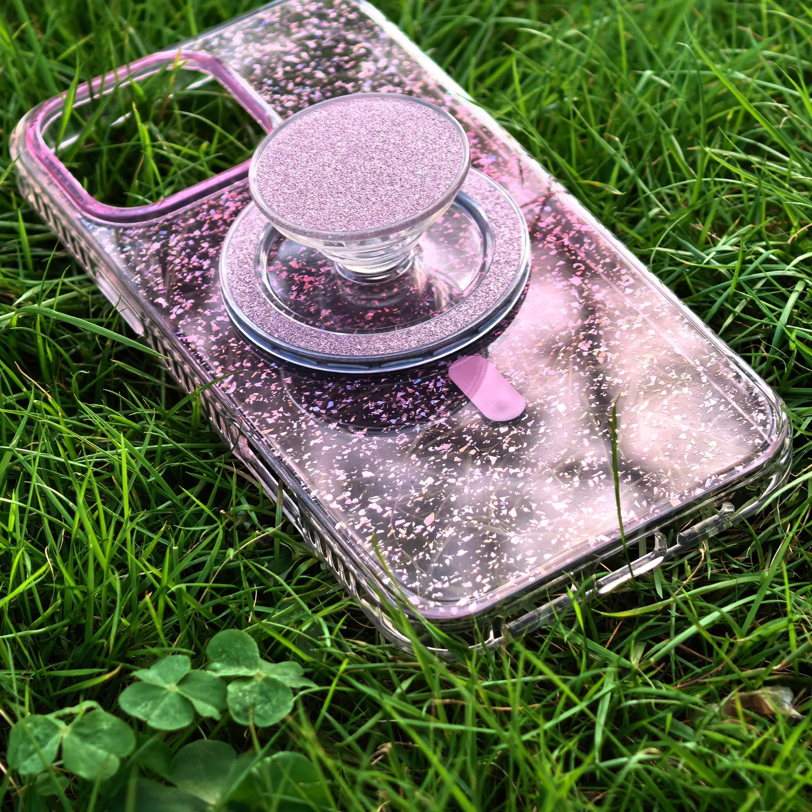 Gradient Glitter Pink Translucent Phone Case MagSafe Grip Set