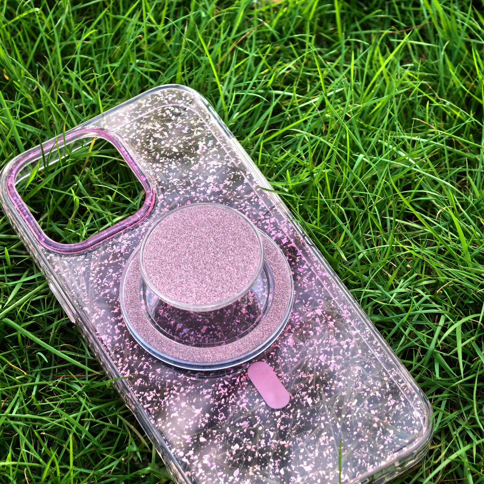 Gradient Glitter Pink Translucent Phone Case MagSafe Grip Set