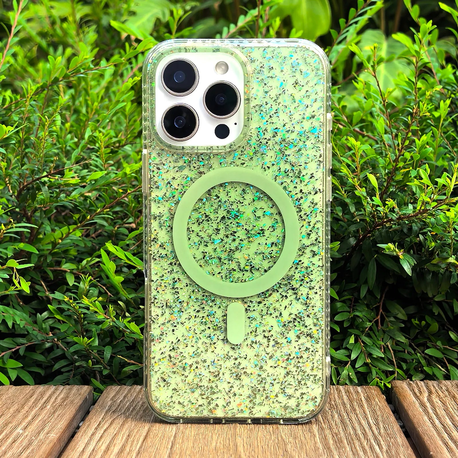Gradient Glitter Green Translucent Phone Case MagSafe Grip Set