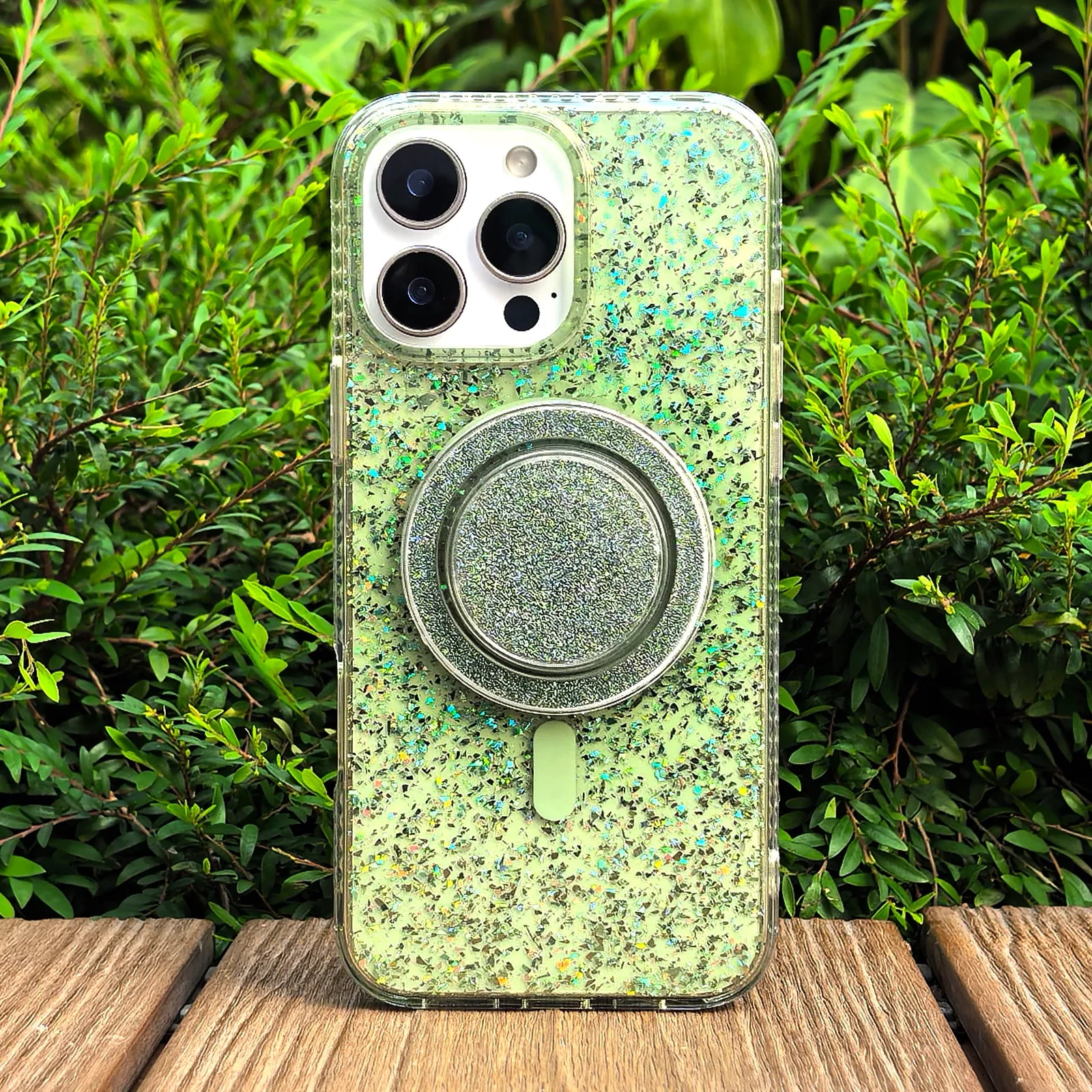 Gradient Glitter Green Translucent Phone Case MagSafe Grip Set