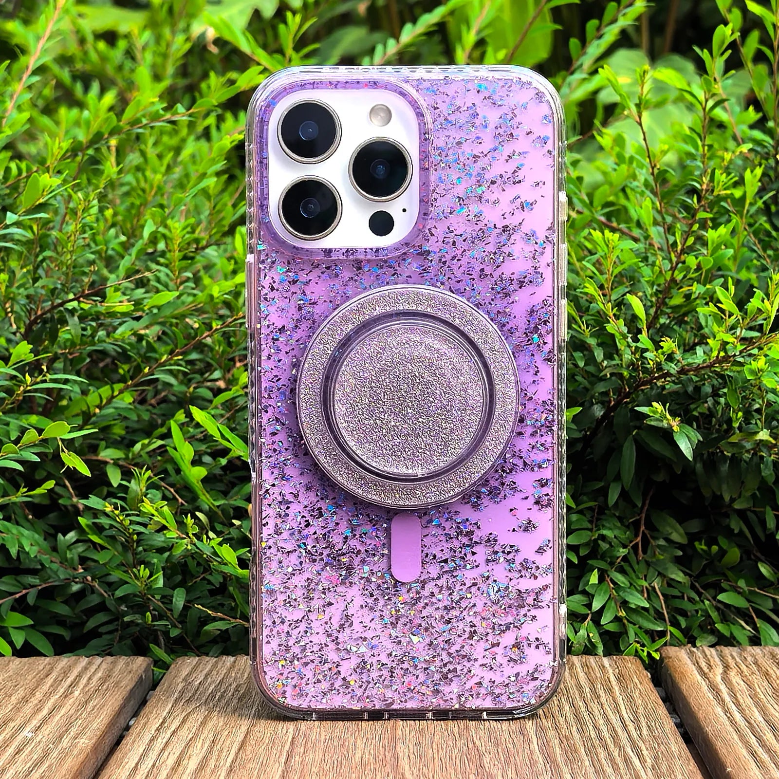 Gradient Glitter Purple Translucent Phone Case MagSafe Grip Set